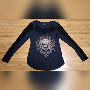 Harley Davidson Women's Size Large Top Shirt Black Embellished Logo Rhinestones